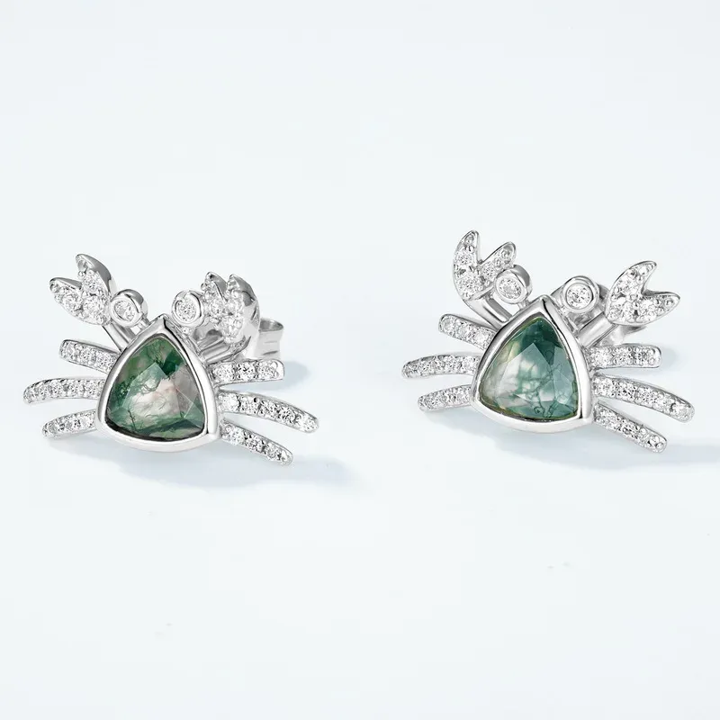 Jewelyking S925 Silver Natural Moss Agate Pave Daily Wear Stud Earrings JKES0103