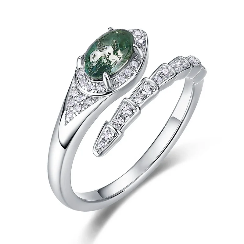 JewelyKing S925 Sterling Silver Adjustable Green Moss Agate Open Plated Snake Ring  JKRS0185