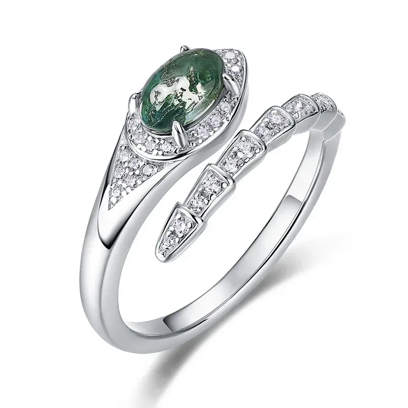 JewelyKing S925 Sterling Silver Adjustable Green Moss Agate Open Plated Snake Ring  JKRS0185