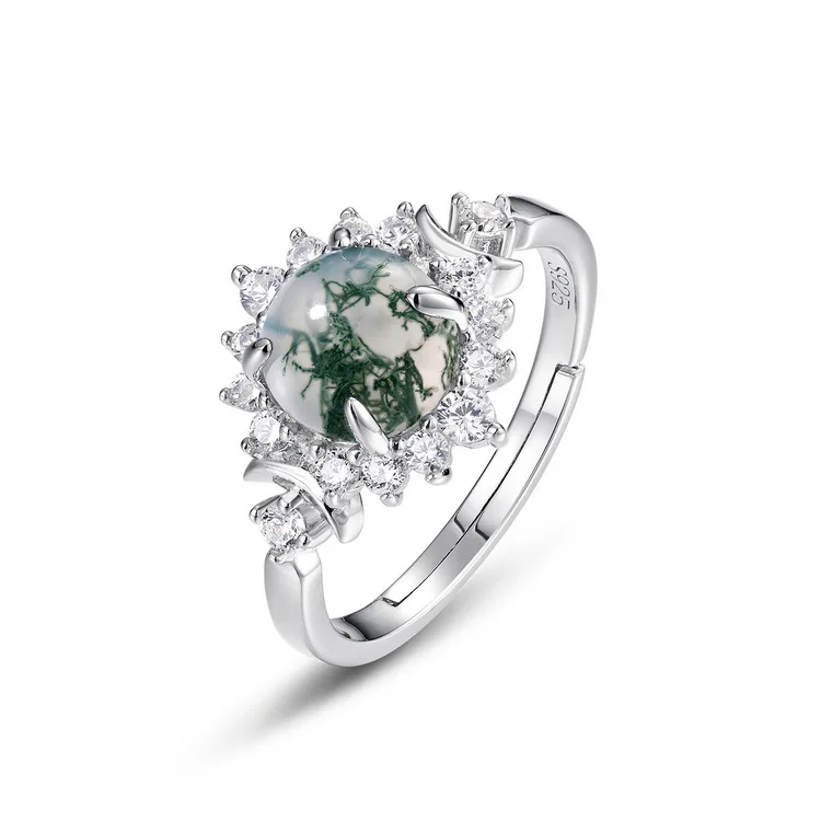 JewelyKing S925 Sterling Silver Round Natural Moss Agate Snowflake Cluster Adjustable Wedding Ring JKRS0213