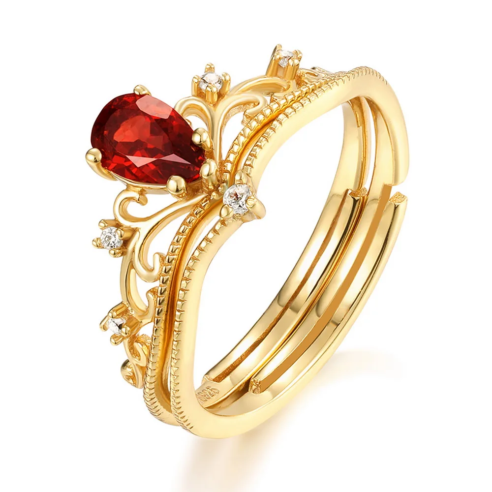 JewelyKing S925 Silver Delicate Crown  Mozambique Red Garnet Women Engagement Ring JKRS0281