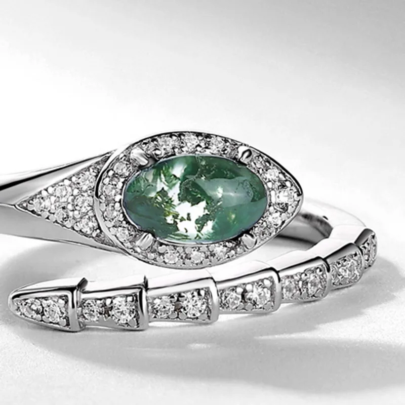 JewelyKing S925 Sterling Silver Adjustable Green Moss Agate Open Plated Snake Ring  JKRS0185