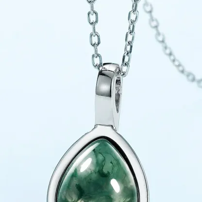 Jewelyking S925 Sterling Silver Green Moss Agate Gemstone Teardrop Pendant Necklace JKNS0093