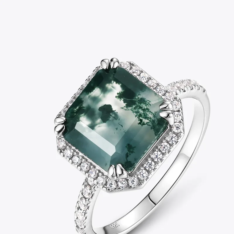 JewelyKing S925 Sterling Silver Asscher Cut Gemstone Moss Agate Engagement Ring JKRS0182