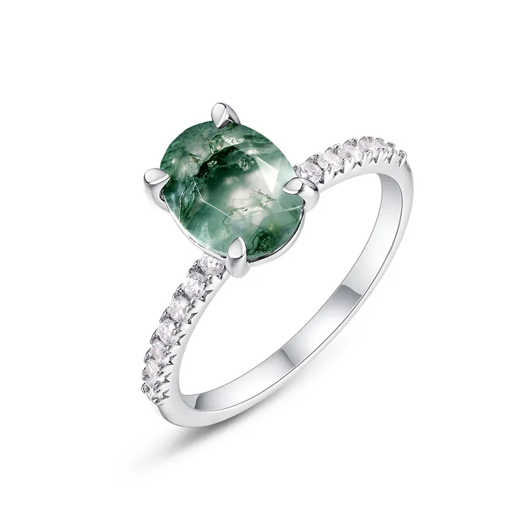 JewelyKing  CZ Diamond Oval Natural Moss Agate Ring Diamond Engagement Ring JKRS0142