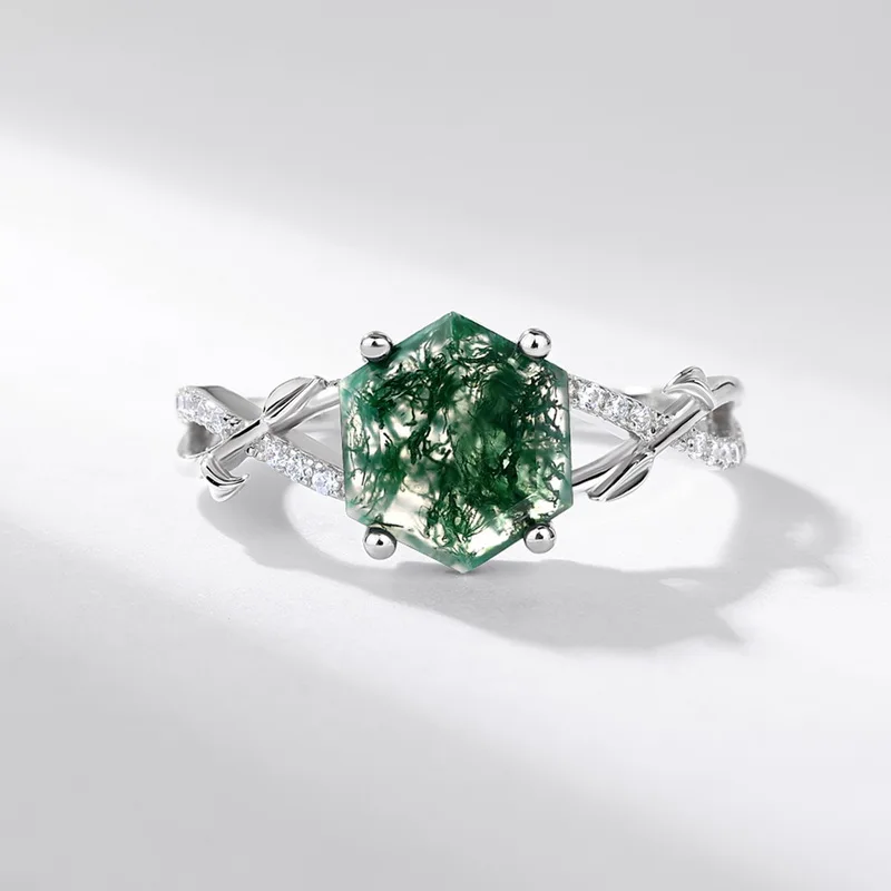 JewelyKing S925 Sterling Silver Green Moss Agate Hexagon Cut Natural Gemstone Vine Leaf CZ Accent Adjustable Solitaire Ring JKRS0155