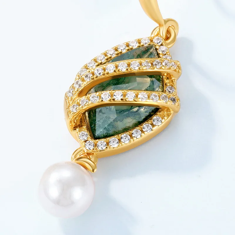 Jewelyking S925 Silver Premium Natural Green Moss Agate CZ Wrapped Pearl Drop Dangle Jewelry JKES0084