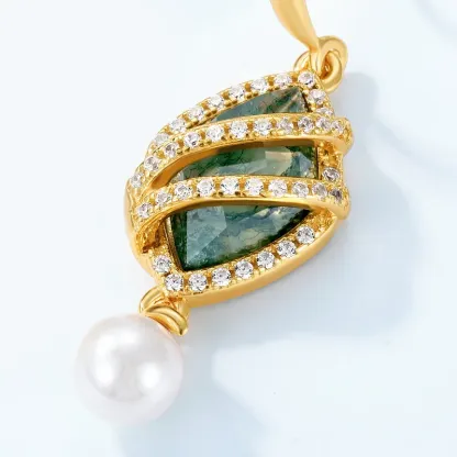 Jewelyking S925 Silver Premium Natural Green Moss Agate CZ Wrapped Pearl Drop Dangle Jewelry JKES0084