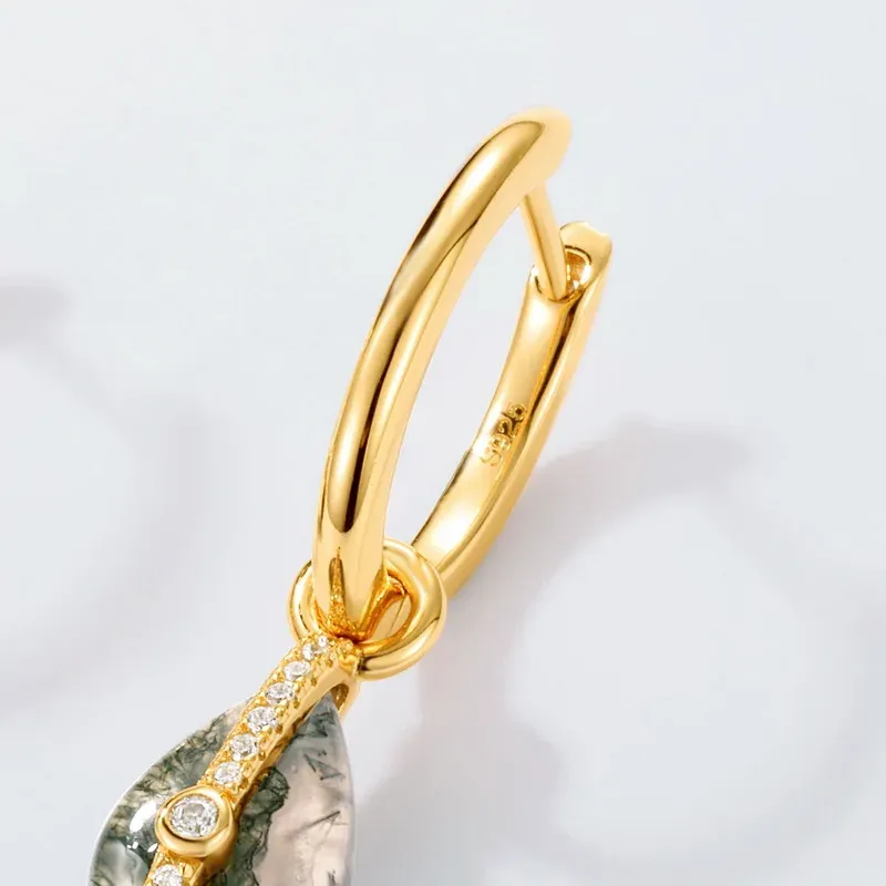 Jewelyking S925 Silver 18k Gold Plated  Natural Green Moss Agate Hoop Earring JKES0095
