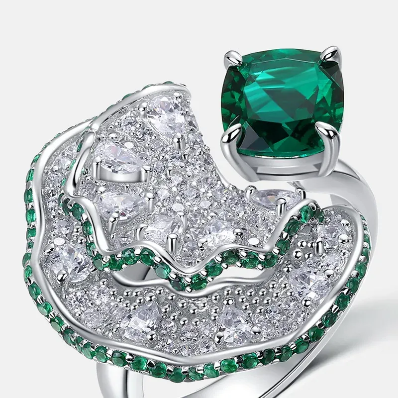 Panyu 925 Silver Adjustable Ring Lab Created Emerald Elegant Fan Shaped Gemstone Design