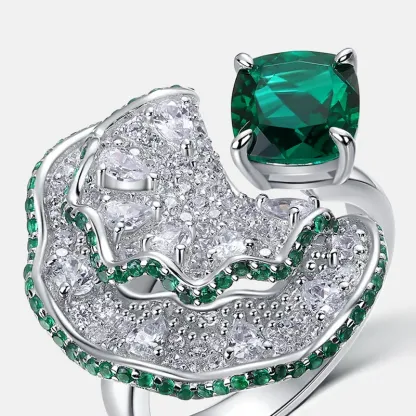 Panyu 925 Silver Adjustable Ring Lab Created Emerald Elegant Fan Shaped Gemstone Design