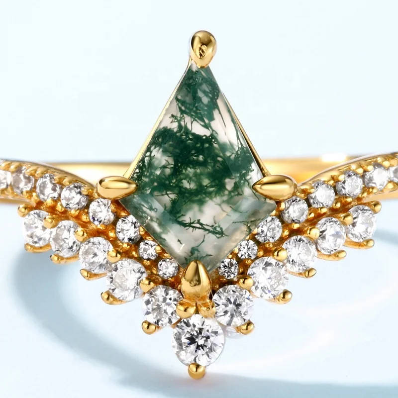 JewelyKing Unique Rose Gold Plated Kite Moss Agate Stone  Vintage Moss Quartz Cz Stack Ring JKRS0235