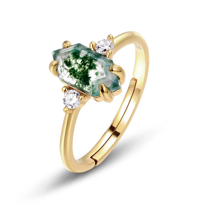 JewelyKing S925 Sterling Silver Boho Gemstone Large Moss Agate Cubic Zirconia Natural Green Moss Agate Ring JKRS0174