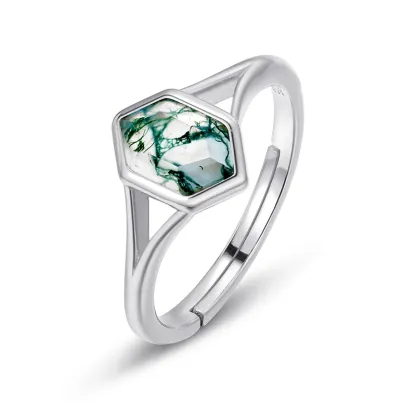 JewelyKing S925 Sterling Silver Green Agate Wedding Grass Agate Ring JKRS0242