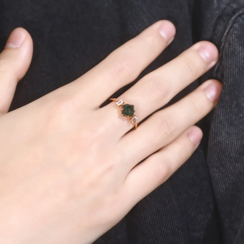 JewelyKing S925 Sterling Silver Oval Green Moss Agate Ring Natural Moss Agate Engagement Rings JKRS0133