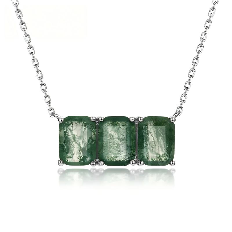 JewelyKing S925 Sterling Silver Necklace Natural Green Moss Agate Stone Clavicle Chain