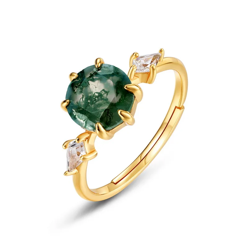JewelyKing S925 Sterling Silver Round Cut Natural Gemstone Jewelry 18k Gold Plated Green Moss Agate Zirconia Wedding Ring JKRS0129