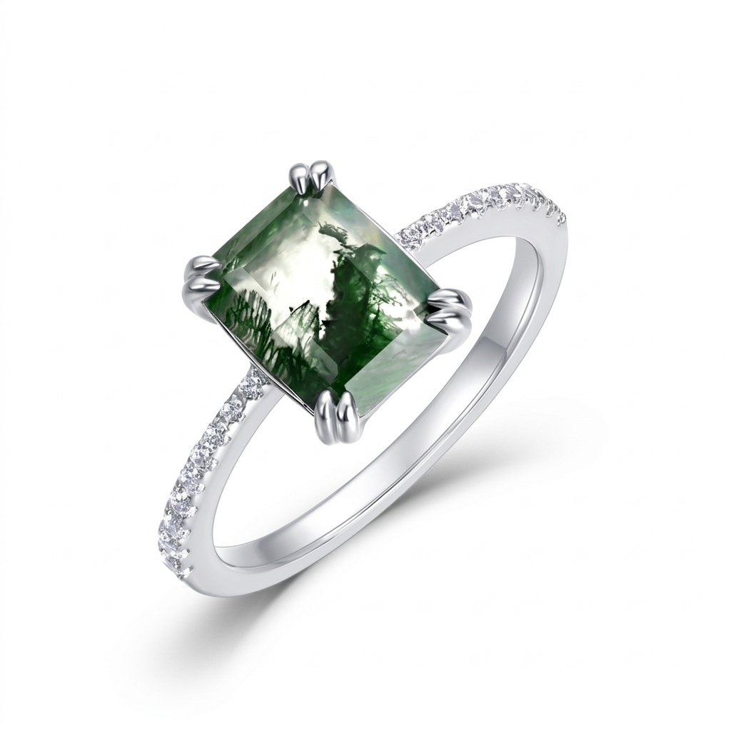 JewelyKing S925 Silver Green Moss Stone Unique Natural Aquatic Agate Ring JKRS0179