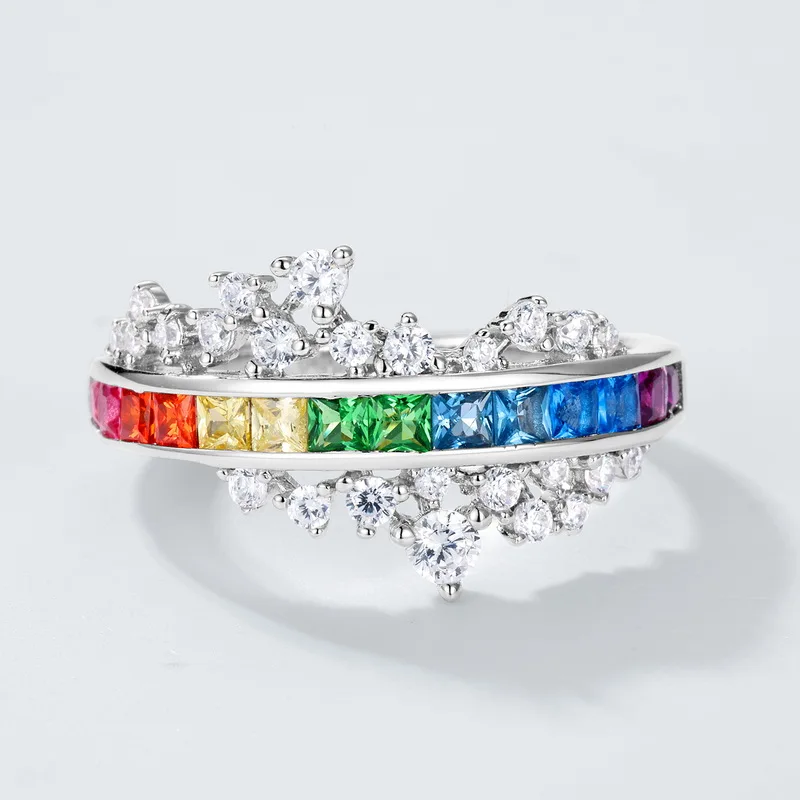Multi Color Rainbow Ring 925 Sterling Silver Princess Cut Women Ring Eternity Wedding Promise Ring for Women