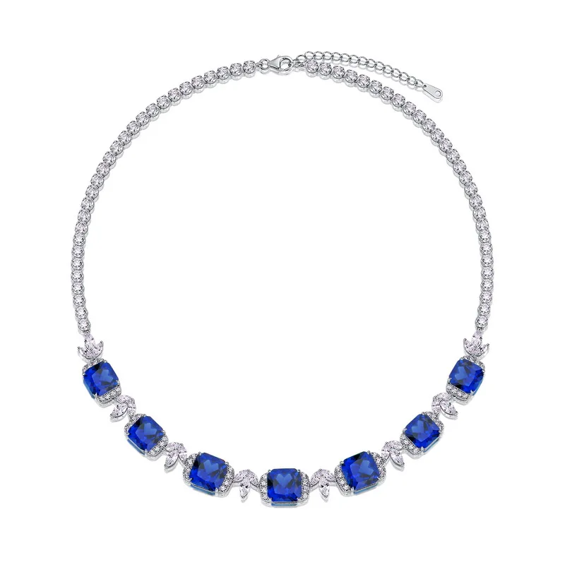 Luxury Bridal Necklace Lab Grown Sapphire S925 Sterling Silver Plated Gold Exquisite Pendant Necklace