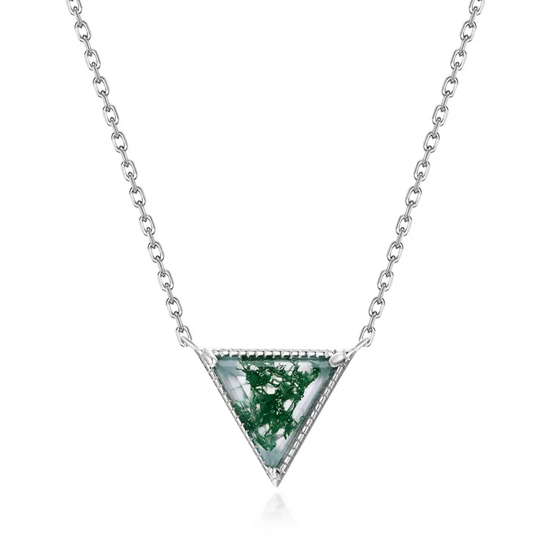 Jewelyking S925 Sterling Silver Trillion Cut Green Moss Agate Triangle Geometric Minimalist Layering Pendant Necklace JKNS0104