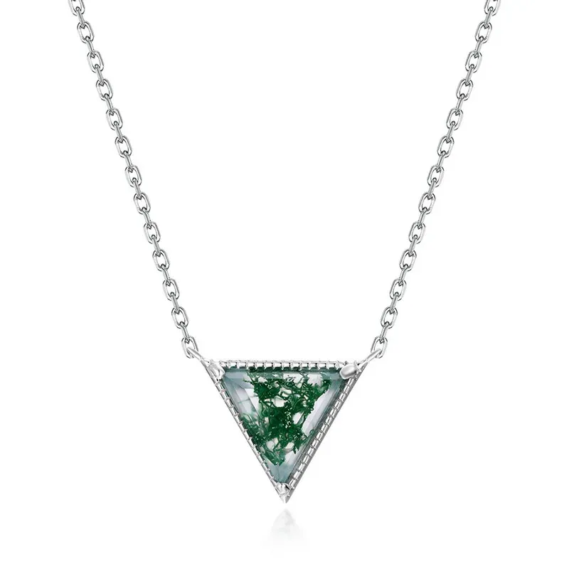 Jewelyking S925 Sterling Silver Trillion Cut Green Moss Agate Triangle Geometric Minimalist Layering Pendant Necklace JKNS0104