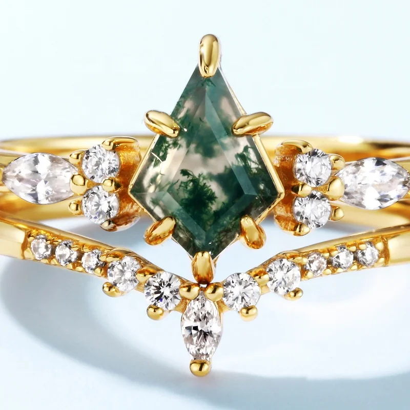 JewelyKing S925 Sterling Silver Rhombus-Shaped Gemstone Moss Agate CZ Wedding Ring JKRS0229