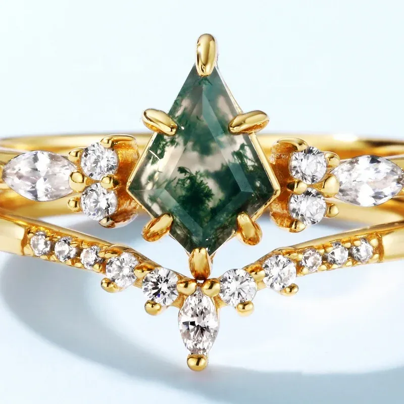 JewelyKing S925 Sterling Silver Rhombus-Shaped Gemstone Moss Agate CZ Wedding Ring JKRS0229
