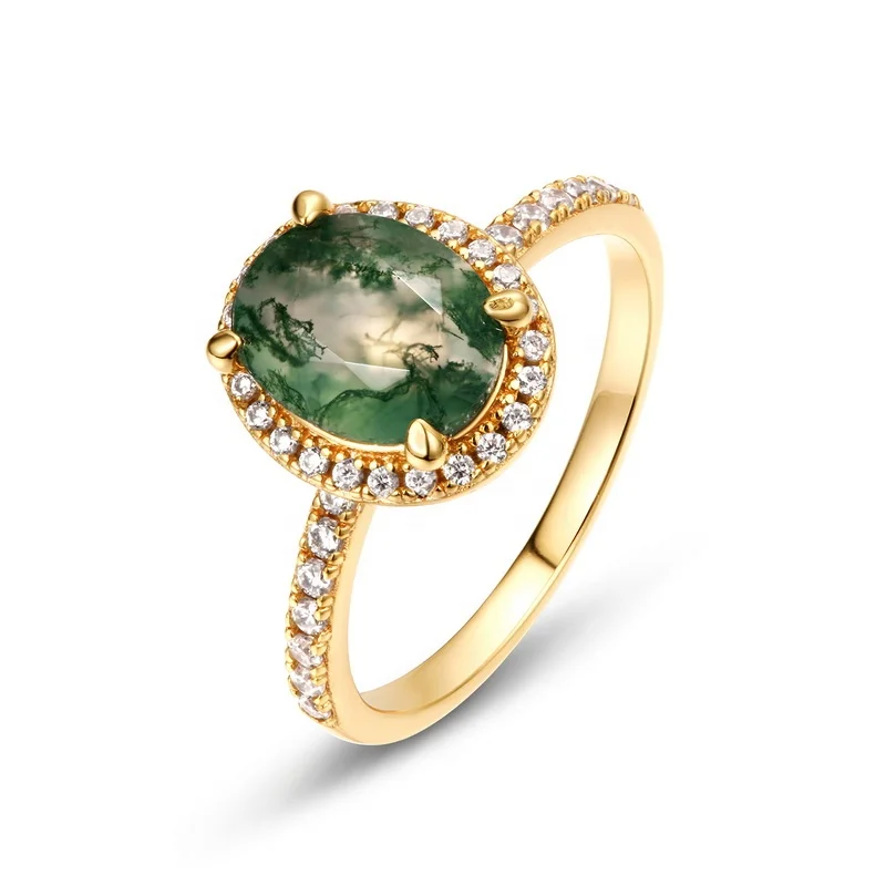 JewelyKing S925 Sterling Silver Oval Natural Green Moss Agate Dainty Gold Plated Aquatic Agate CZ Diamond Wedding Ring JKRS0230