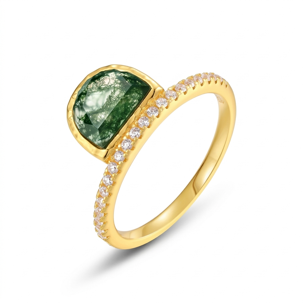 JewelyKing S925 Sterling Silver Green Moss Agate Natural Dainty Moss Agate Engagement Ring JKRS0148