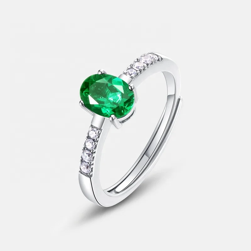 Minimalist Adjustable 925 Serling Silver Oval Shape Gemstone Rings Emerald Cut Lab Created Emeralds Finger Ring