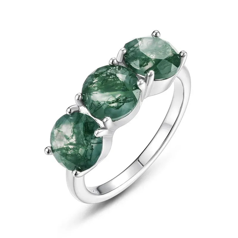 JewelyKing S925 Silver Natural Green Moss Agate Ring Inlaid Zircon Classic Round Cut Three Stone Ring JKRS0197