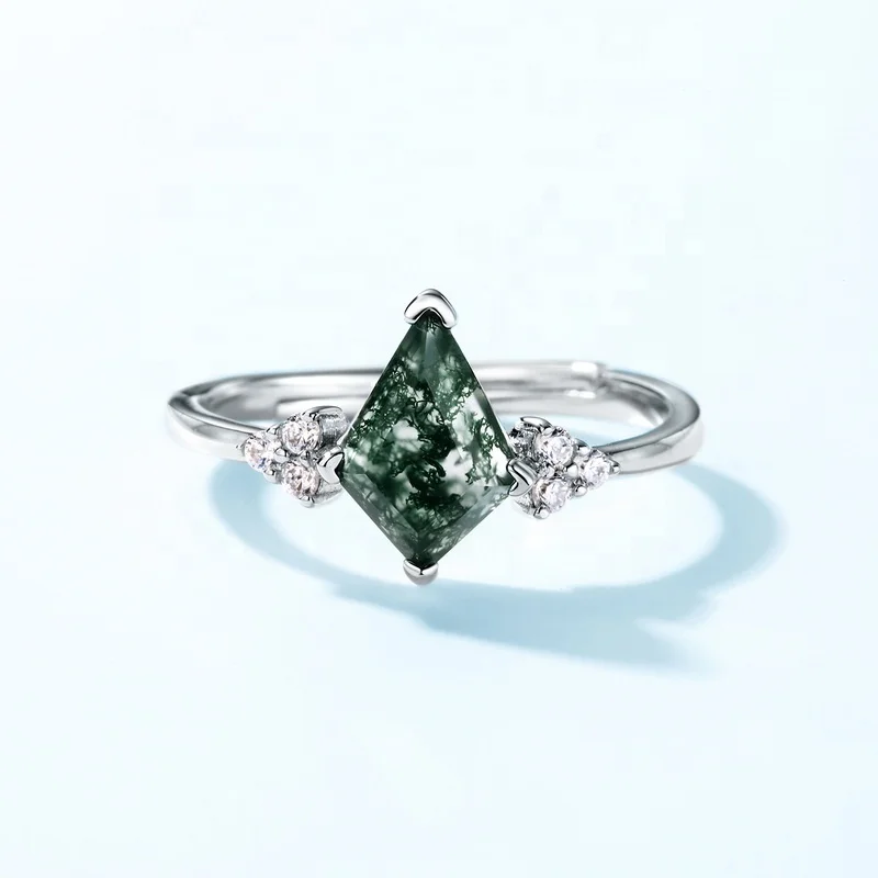 JewelyKing S925 Sterling Silver 18k Gold Plated Adjustable Delicate Green Moss Agate Wedding Ring JKRS0151