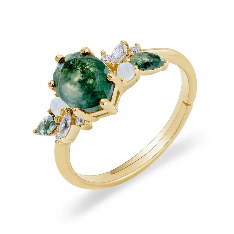 JewelyKing S925 Sterling Silver Green Moss Agate 14K Gold Plated Opal CZ Accent Adjustable Statement Ring JKRS0010