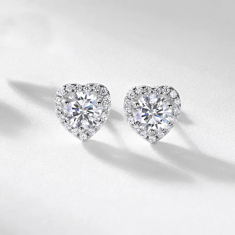 JewelyKing S925 Sterling Silver D Color VVS1 Moissanite Heart Halo Stud  Lab Grown Ruby Earrings JKES0015