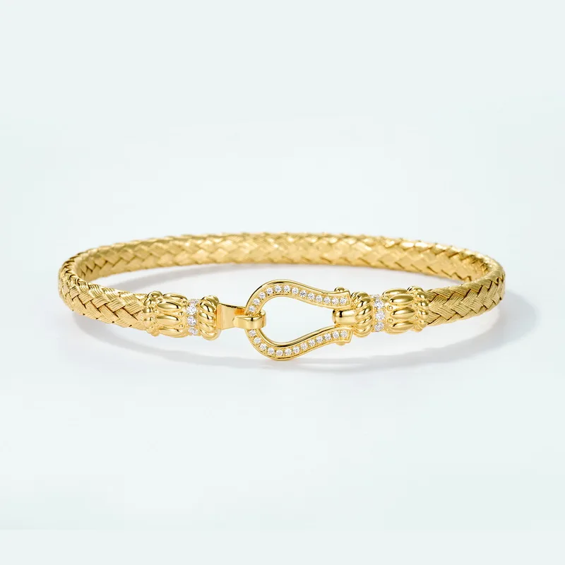 S925 Silver 5A Zircon Hand Brushed Braided Horseshoe Buckle Bangle for Women