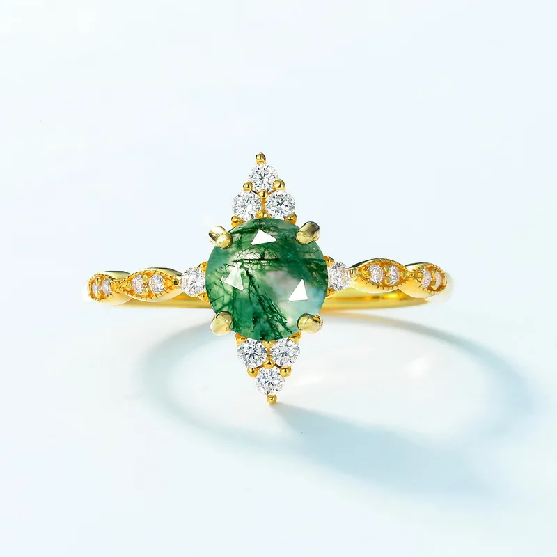 JewelyKing S925 Antique Round Gemstone Green Moss Agate CZ Engagement Ring JKRS0199