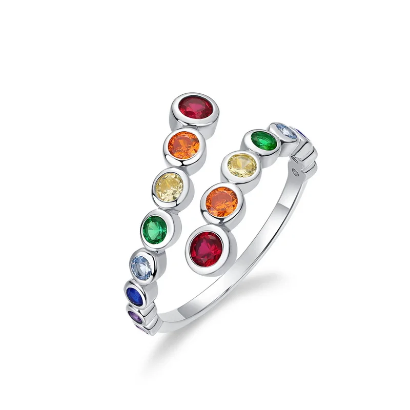 New Arrive Hot Minimalist Jewelry Rainbow Cubic Multi Gemstone Rings Open Size Colorful Eternity Ring for Women