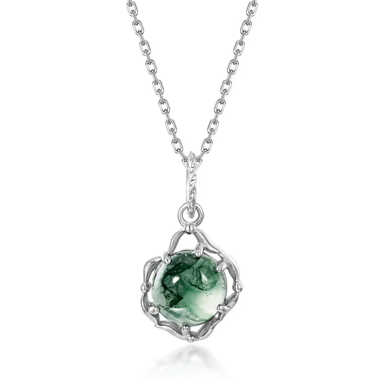 Jewelyking S925 Sterling Silver Green Moss Agate Round Shape Gemstone Cute Pendant Necklace JKNS0102