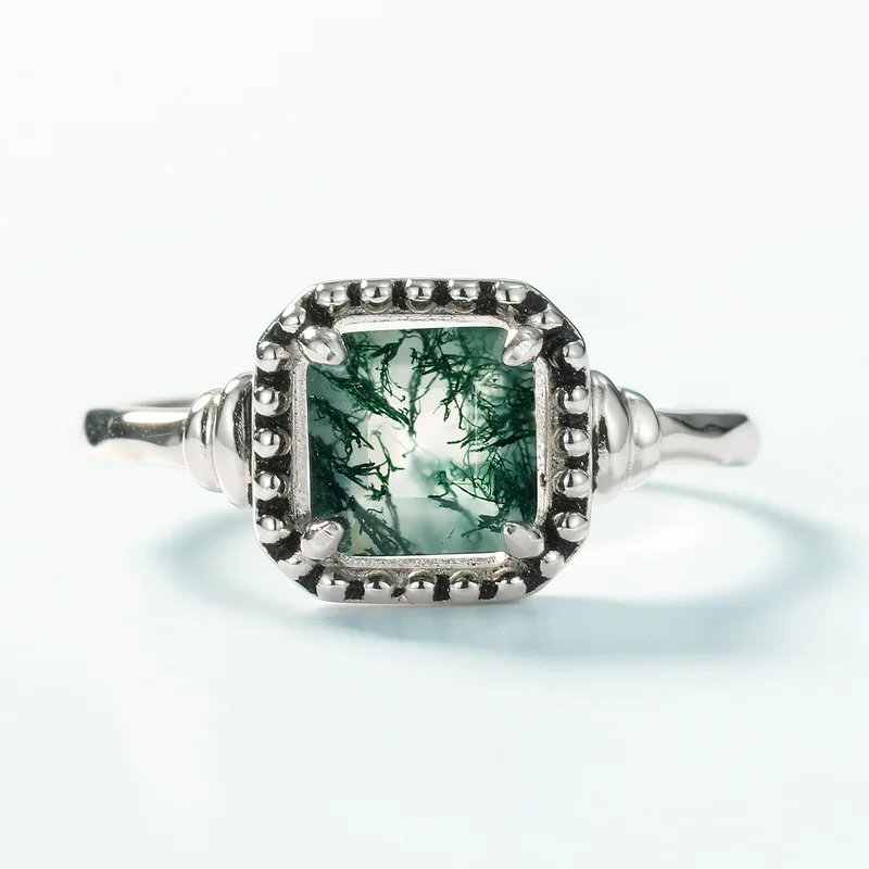 JewelyKing S925 Sterling Silver Natural Moss Agate Oval Shape Gemstone Ring JKRS0166