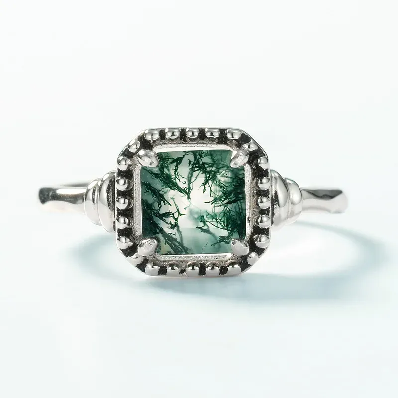 JewelyKing S925 Sterling Silver Natural Moss Agate Oval Shape Gemstone Ring JKRS0166