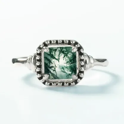 JewelyKing S925 Sterling Silver Natural Moss Agate Oval Shape Gemstone Ring JKRS0166