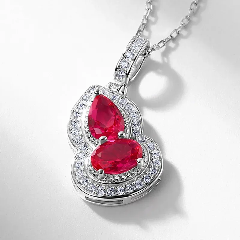 JewelyKing S925 Silver Artificial Lab Grow Ruby Gourd Lucky Red Diamond Cubic Zirconia Pendant Necklace JKNS0165 