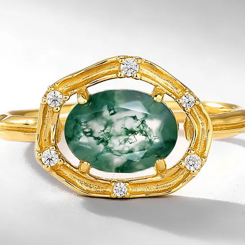 Light Luxury Fashion Fine Jewelry Natural Green Moss Agate Ring S925 Silver Inlaid Water Grass Agate Finger Ring