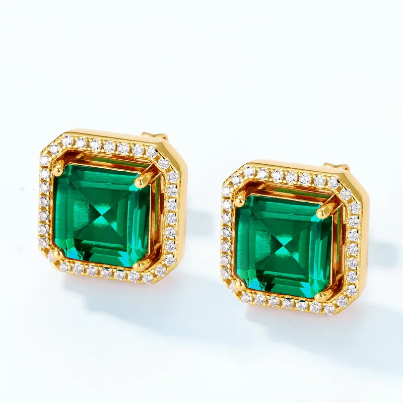 JewelyKing S925 Silver Inlaid Lab Emeralds Zirconia Gold Square Bali Earrings Design Green Earrings JKES0129