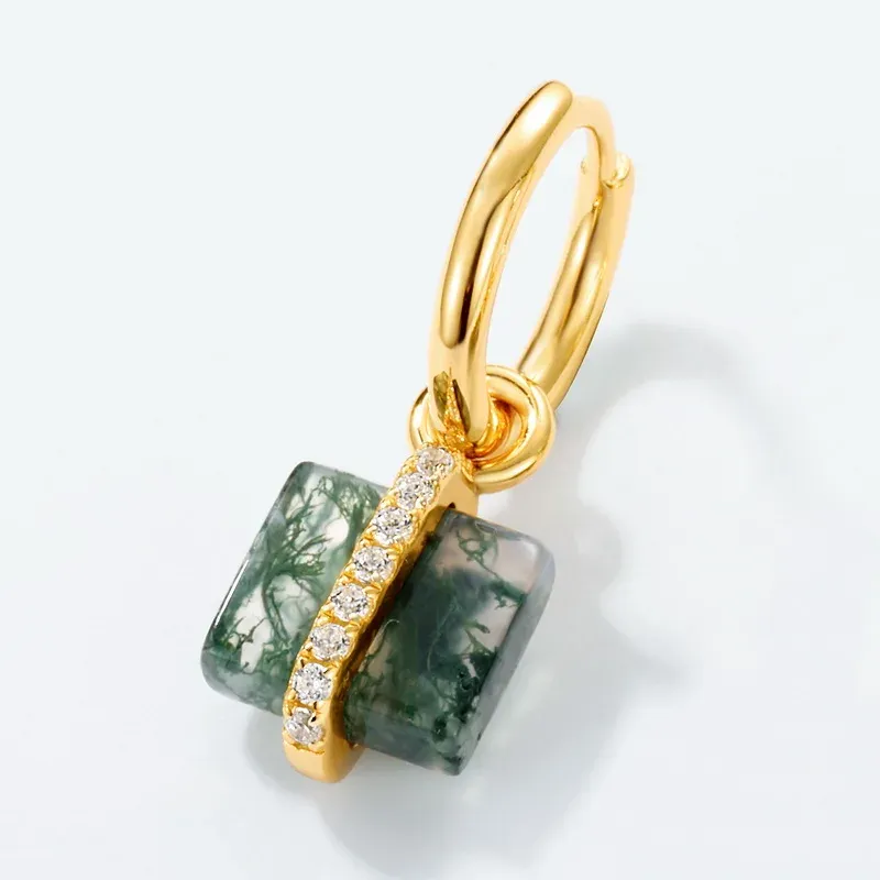 Jewelyking S925 Sterling Silver 14K Gold Plated Square Moss Agate Dangle Huggie Hoop Pave CZ Accent Minimalist Geometric Earrings JKES0102