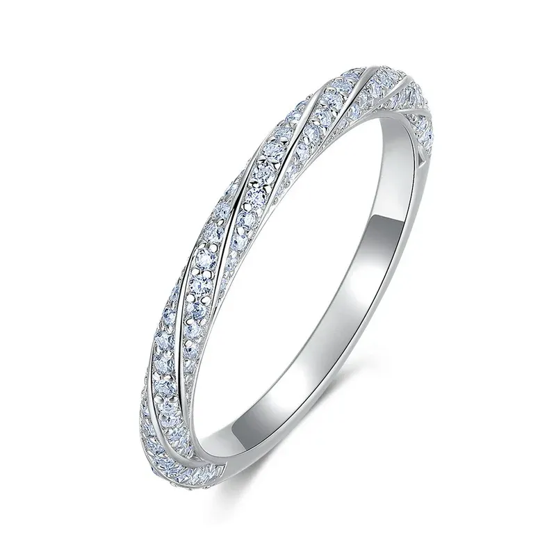 JewelyKing S925 Sterling Silver Moissanite Twisted Band Design Full Eternity Stackable Wedding Band Ring JKRS0012