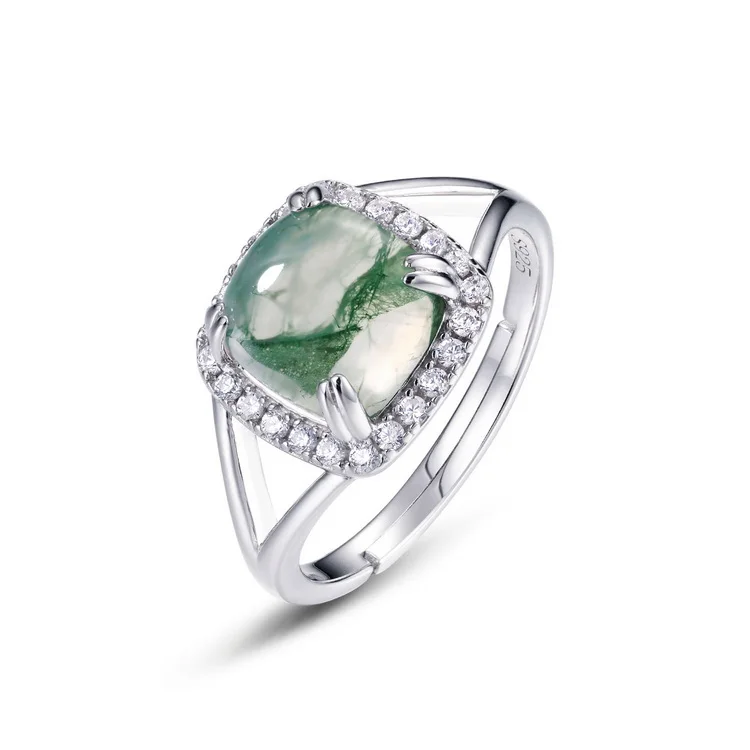JewelyKing S925 Sterling Silver Classic Large Carat Natural Green Moss Agate Adjustable Ring JKRS0214