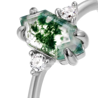 JewelyKing S925 Sterling Silver Boho Gemstone Large Moss Agate Cubic Zirconia Natural Green Moss Agate Ring JKRS0174