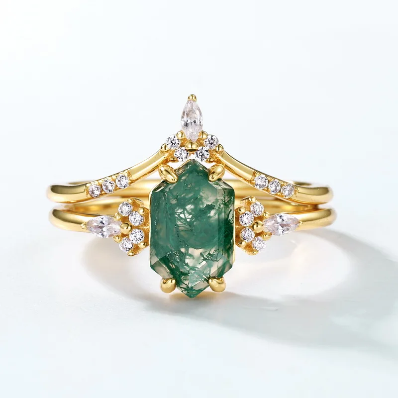 JewelyKing S925 Sterling Silver 14K Gold Plated Hexagon Cut Moss Agate Cluster CZ Accent Stackable Nature Statement Ring JKRS0131